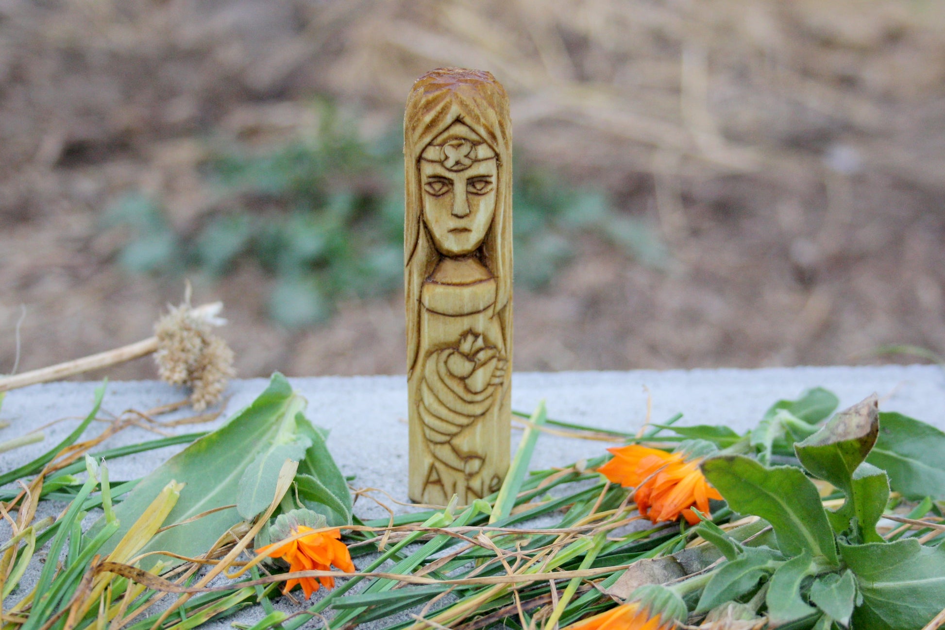 Small wooden celtic altar. handcrafted statue. cailleach, dian cecht and angus. celtic statue