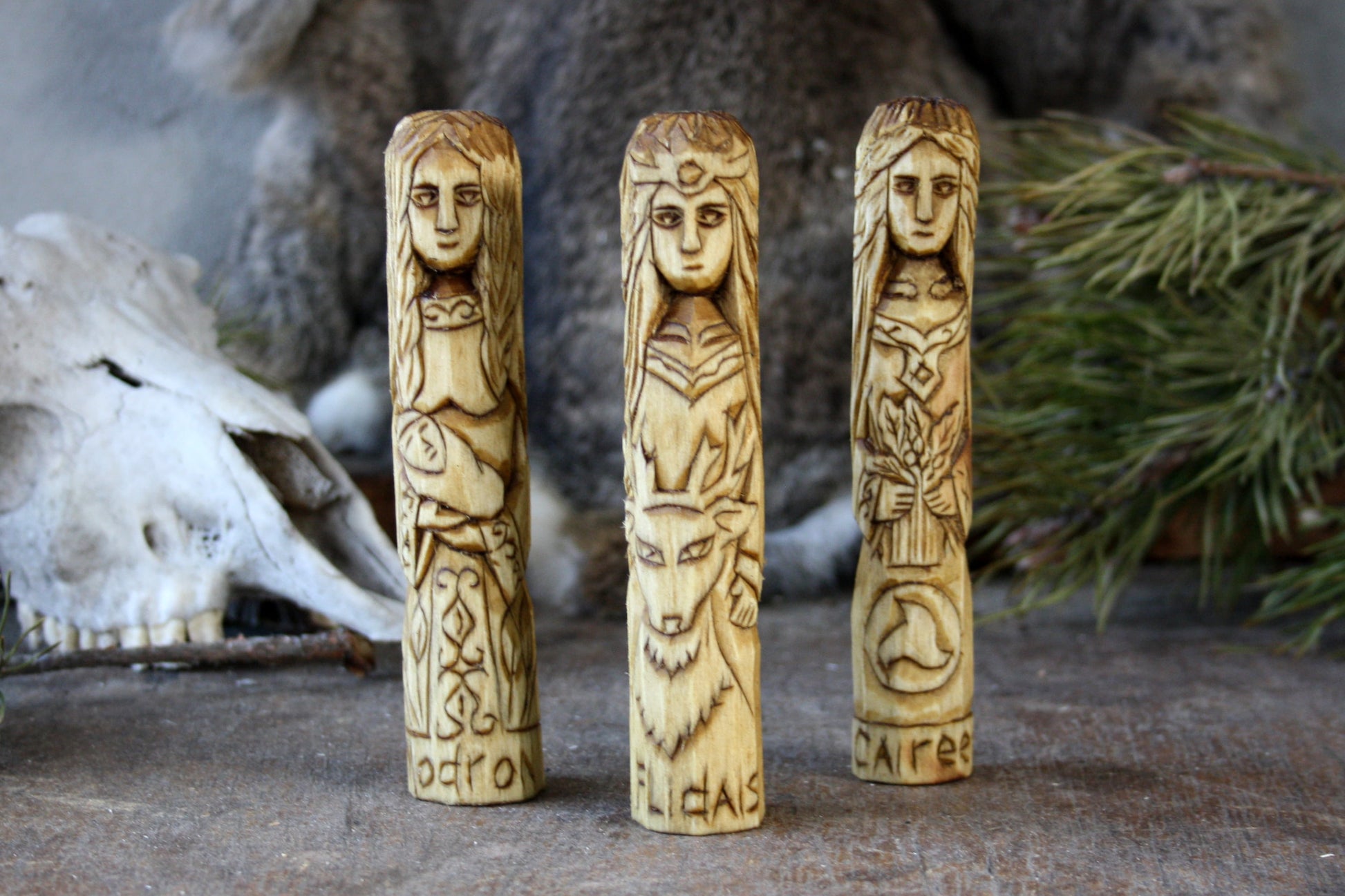 Wooden figurine of celtic goddess flidais.