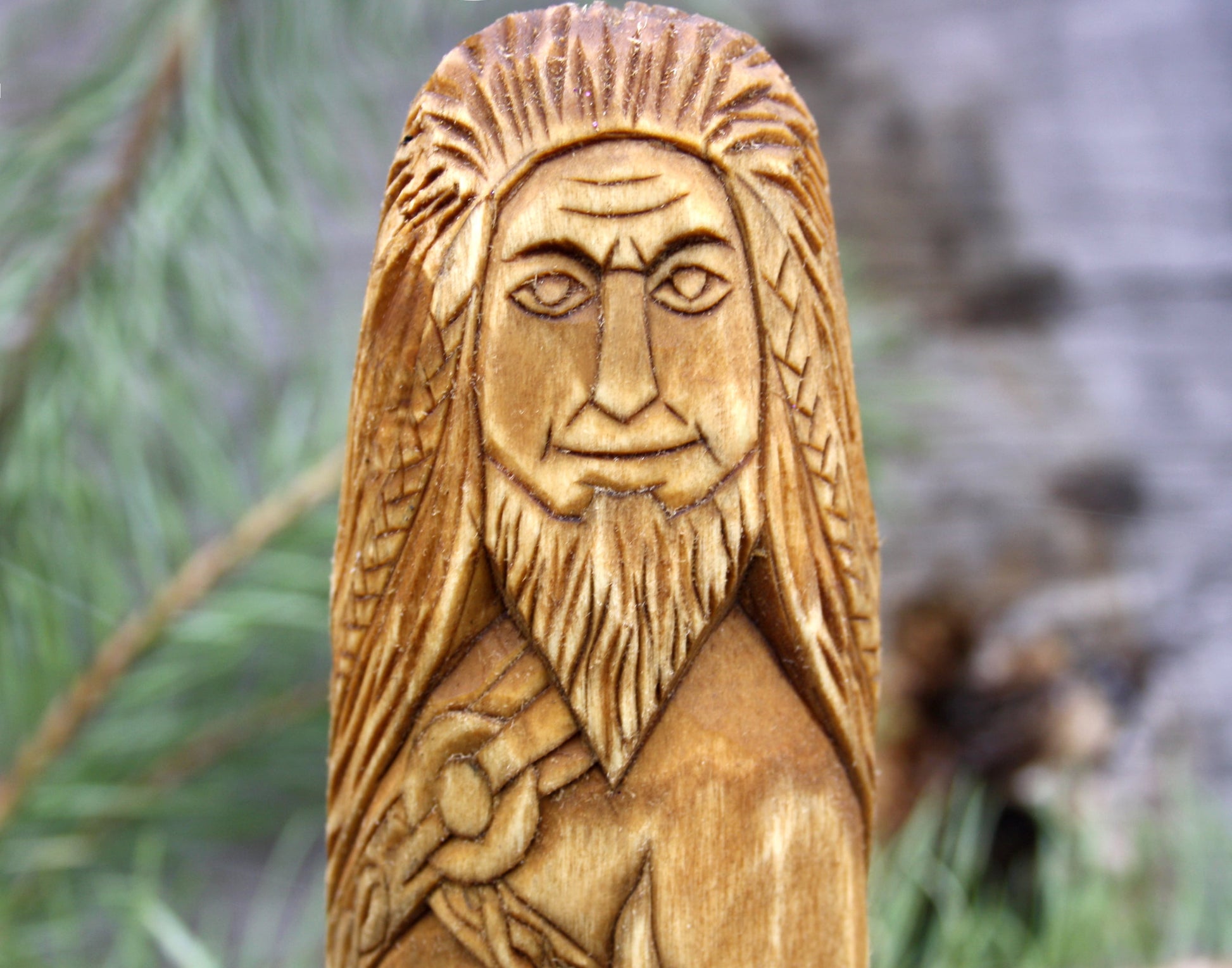 Norse god loki. big hand crafted wooden statue of loki. viking's god. hand crafted wooden statue.