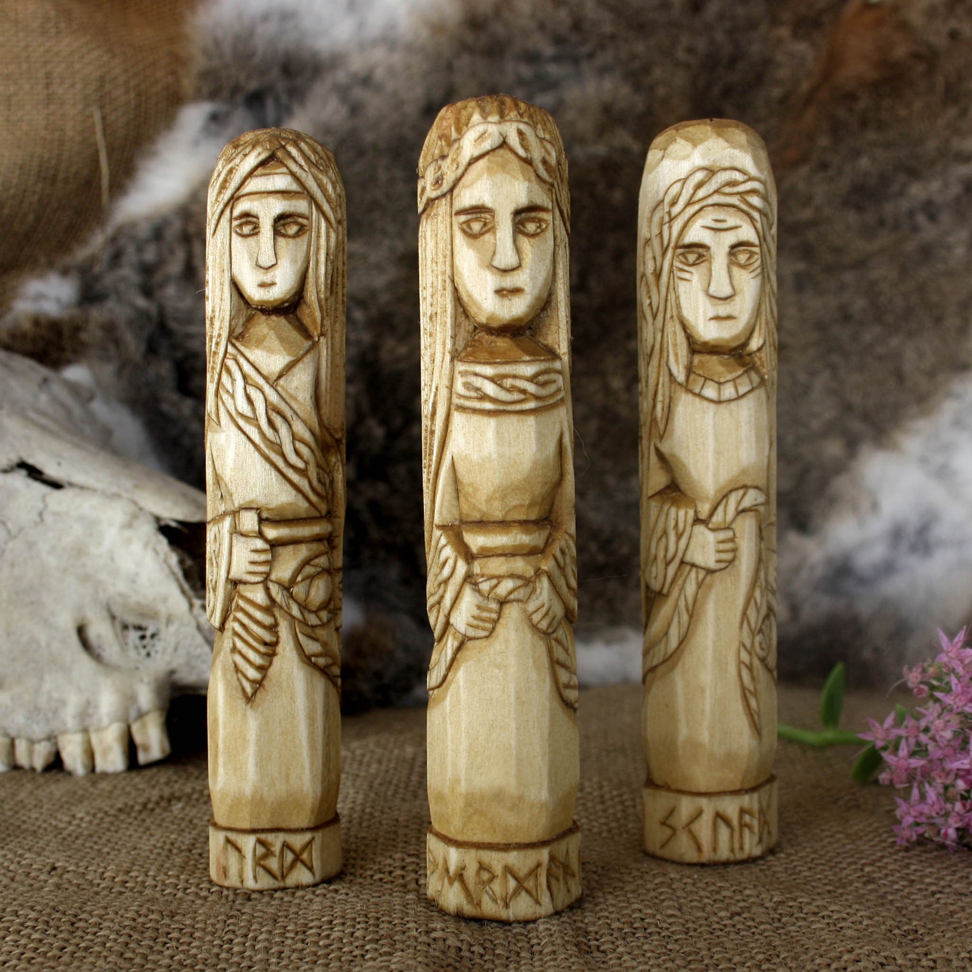 Norse Norns wooden statue set 15 cm Urd Verdandi Skuld hand carved figures