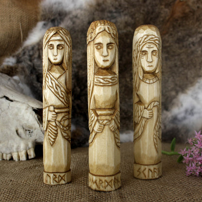 Norse Norns wooden statue set 15 cm Urd Verdandi Skuld hand carved figures