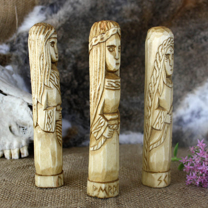 Urd Verdandi Skuld wooden figurines side view 15 cm Norse Norns set