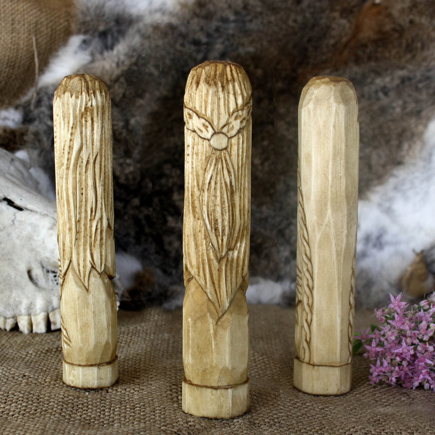 Norns wooden statues 15 cm back view Norse mythology carving set