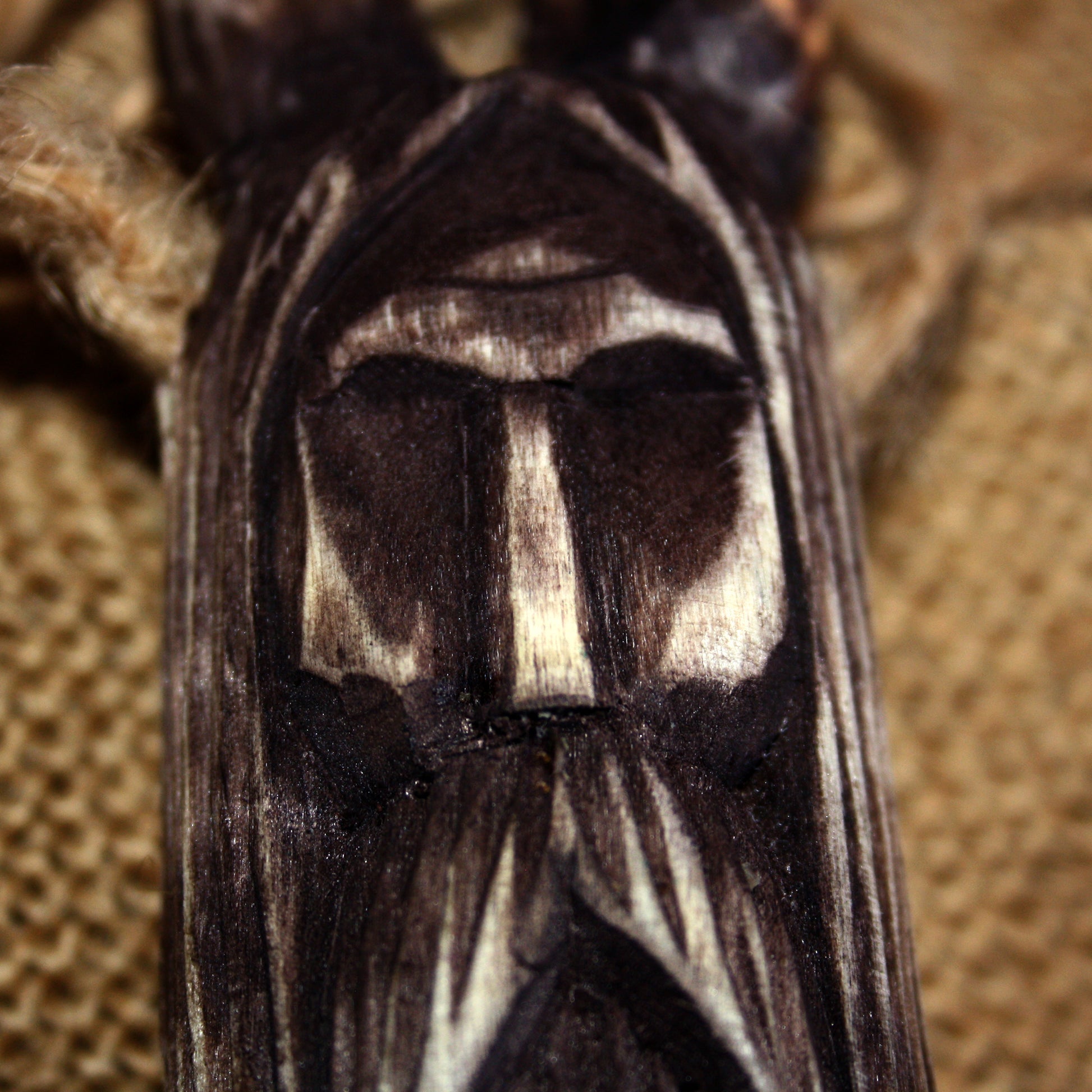 Side view of Veles wooden amulet hand-carved Slavic pagan symbol