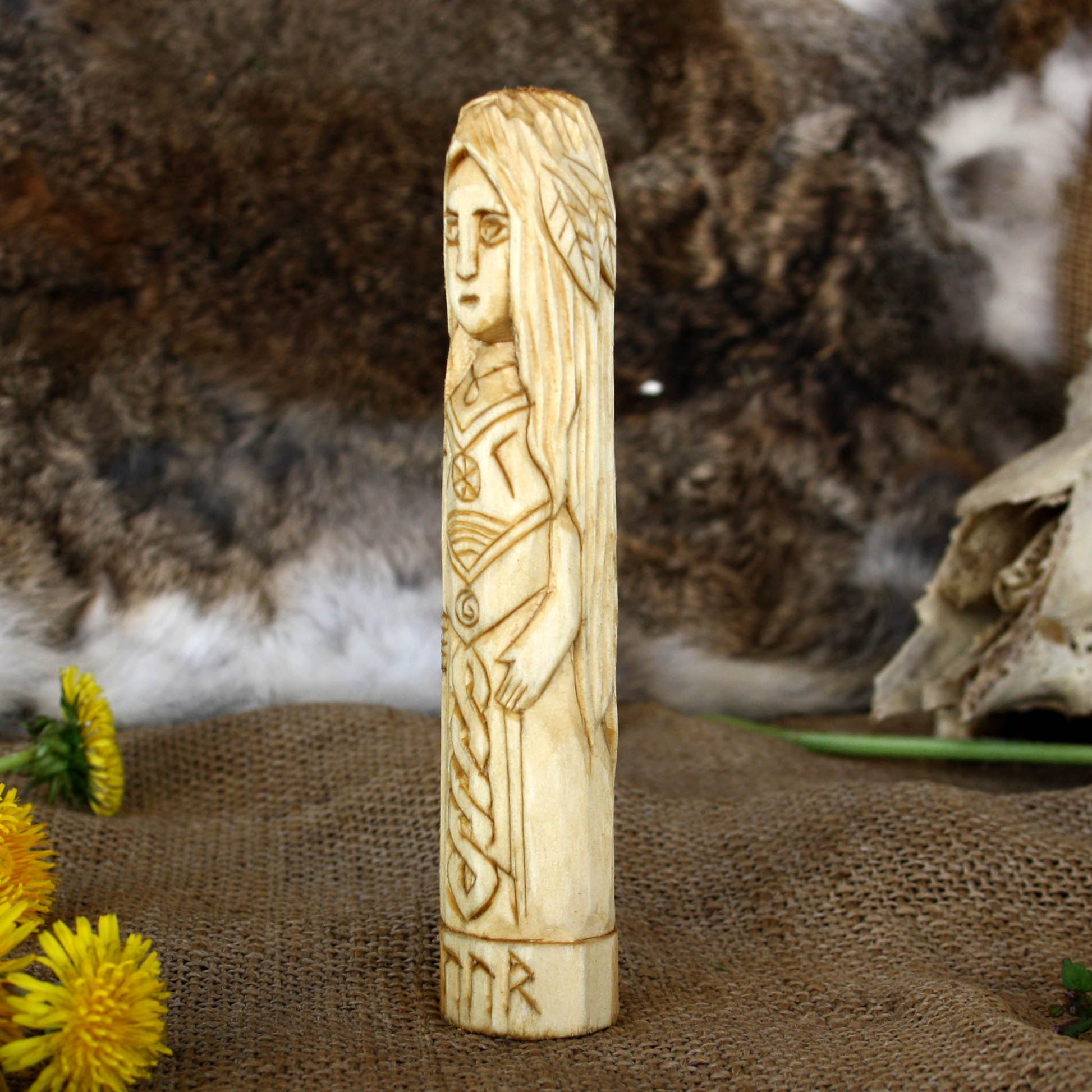 Vor wooden figurine second side view Norse goddess carving