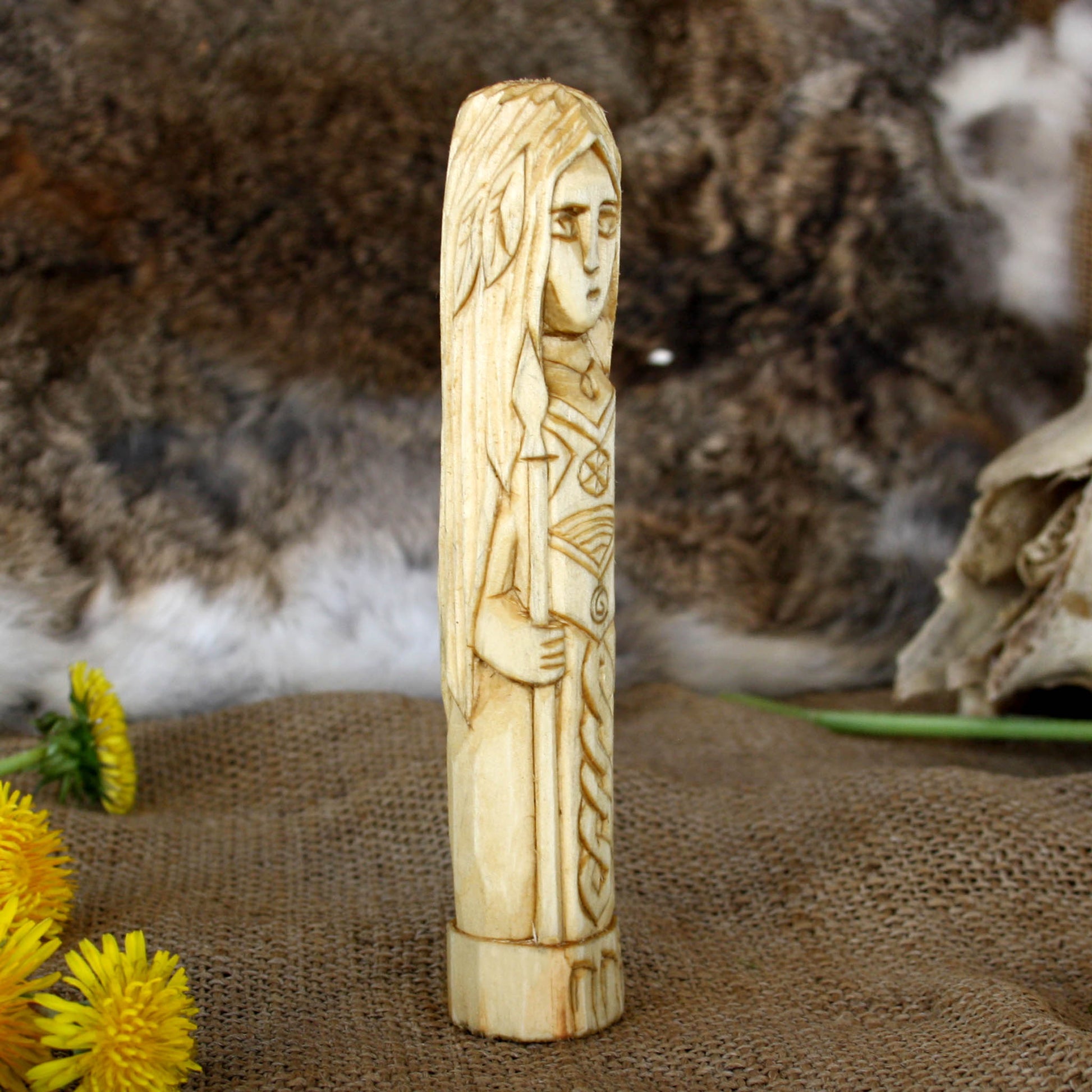 Vor Norse goddess wooden figurine side view hand carved Viking statue