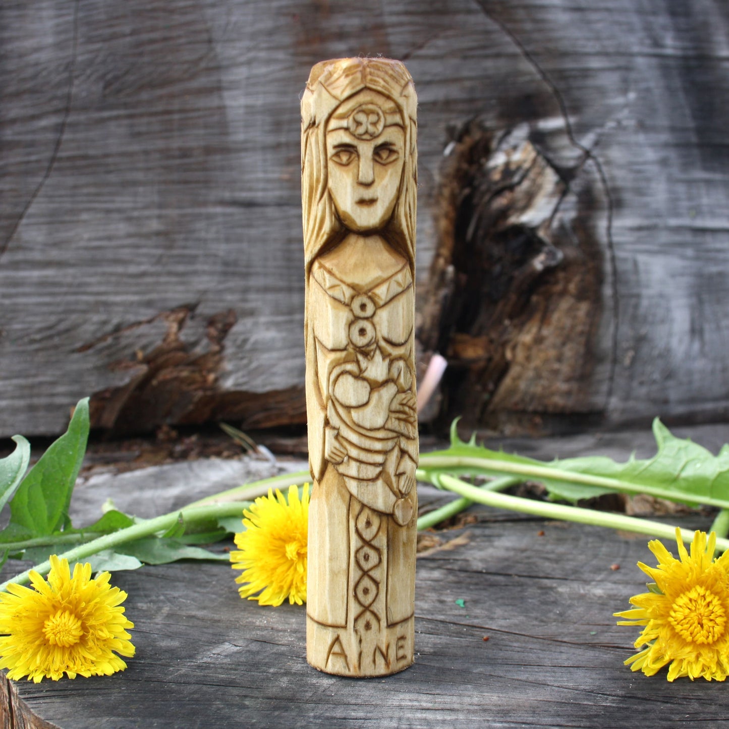 Áine Celtic goddess of summer and love 15cm hand-carved wooden statue front view