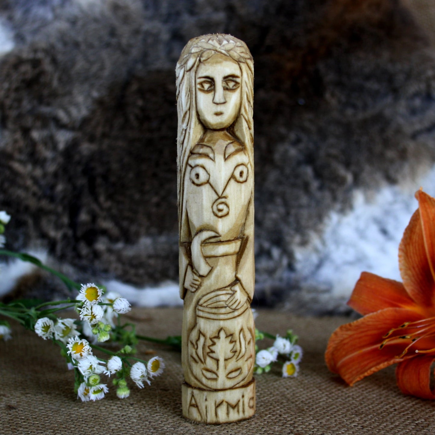 Airmid Celtic goddess of healing herbs 15cm hand-carved wooden statue front view