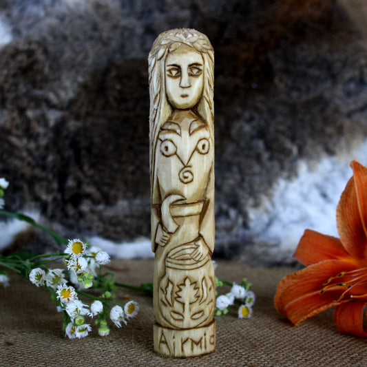 Airmid Celtic goddess of healing herbs 15cm hand-carved wooden statue front view