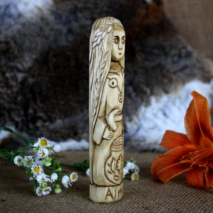 Airmid Celtic goddess of healing herbs 15cm hand-carved wooden statue side view