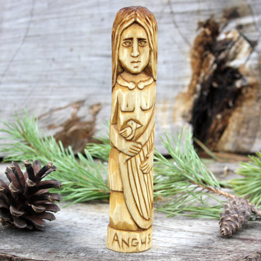 Angus Celtic god of love and youth 15cm hand-carved wooden statue front viewview