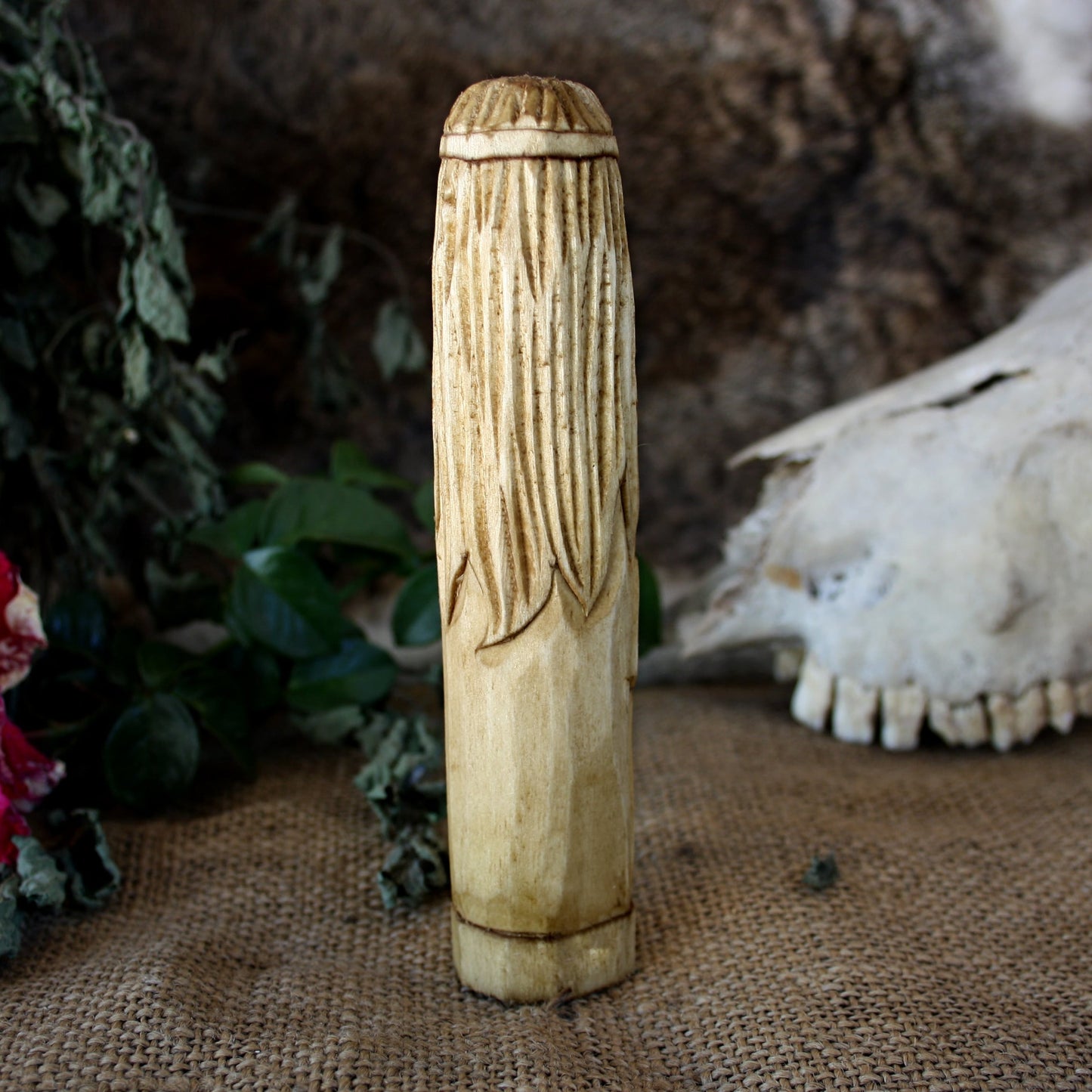Arawn Celtic god 15cm hand-carved wooden statue back view