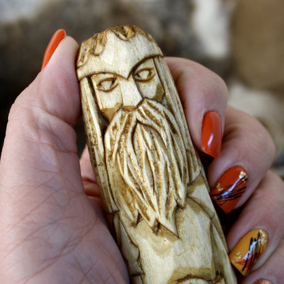 Arawn Celtic god detailed face carving on 15cm wooden statue