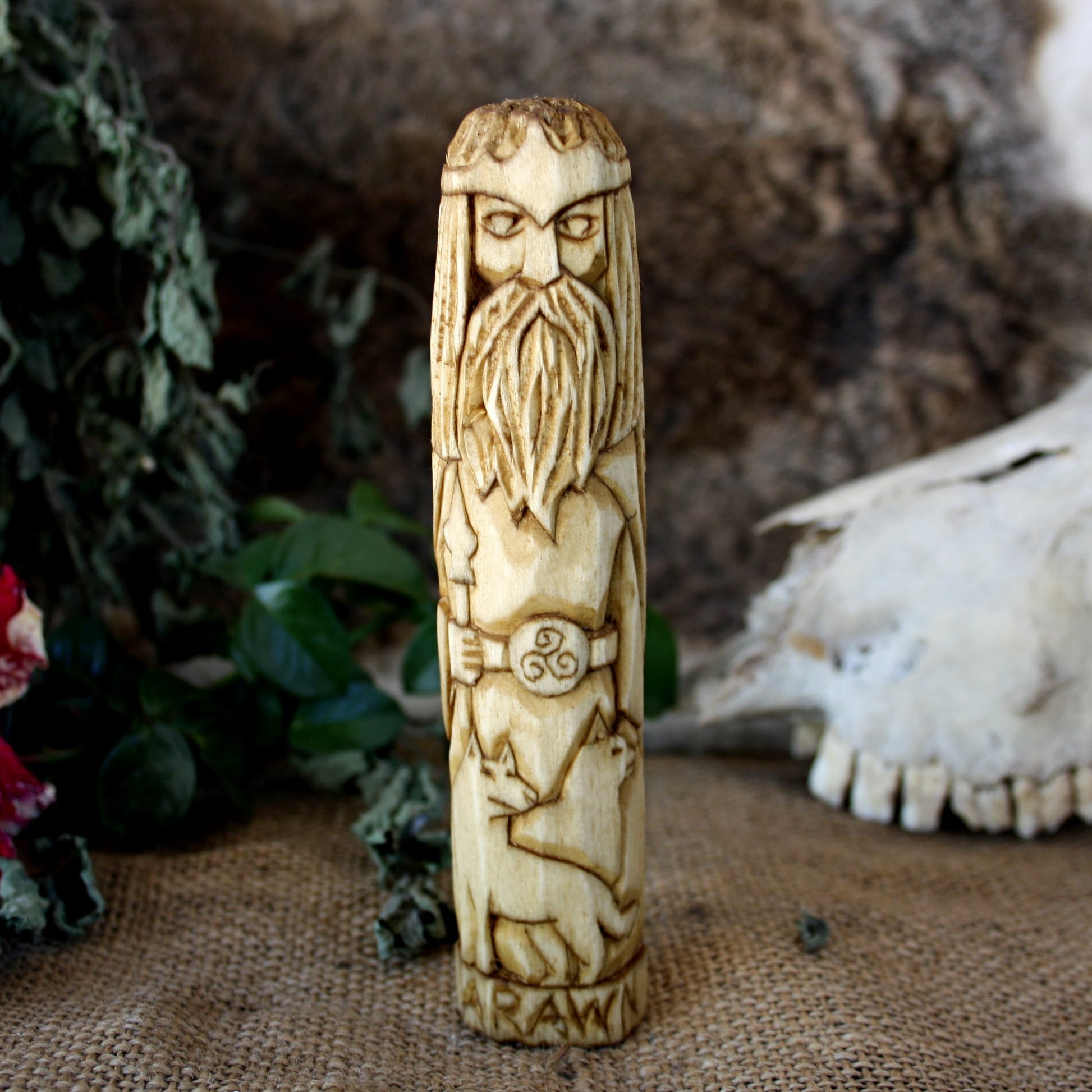 Arawn Celtic king of the Otherworld 15cm hand-carved wooden statue front view
