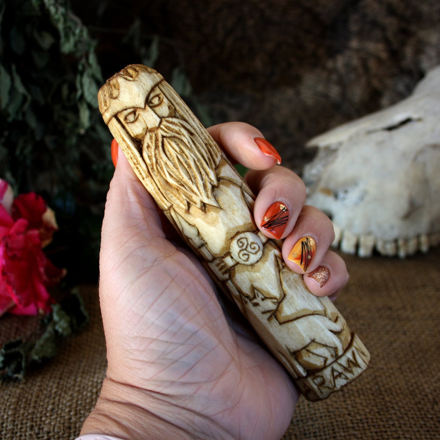 Arawn Celtic god 15cm hand-carved wooden statue held in hand