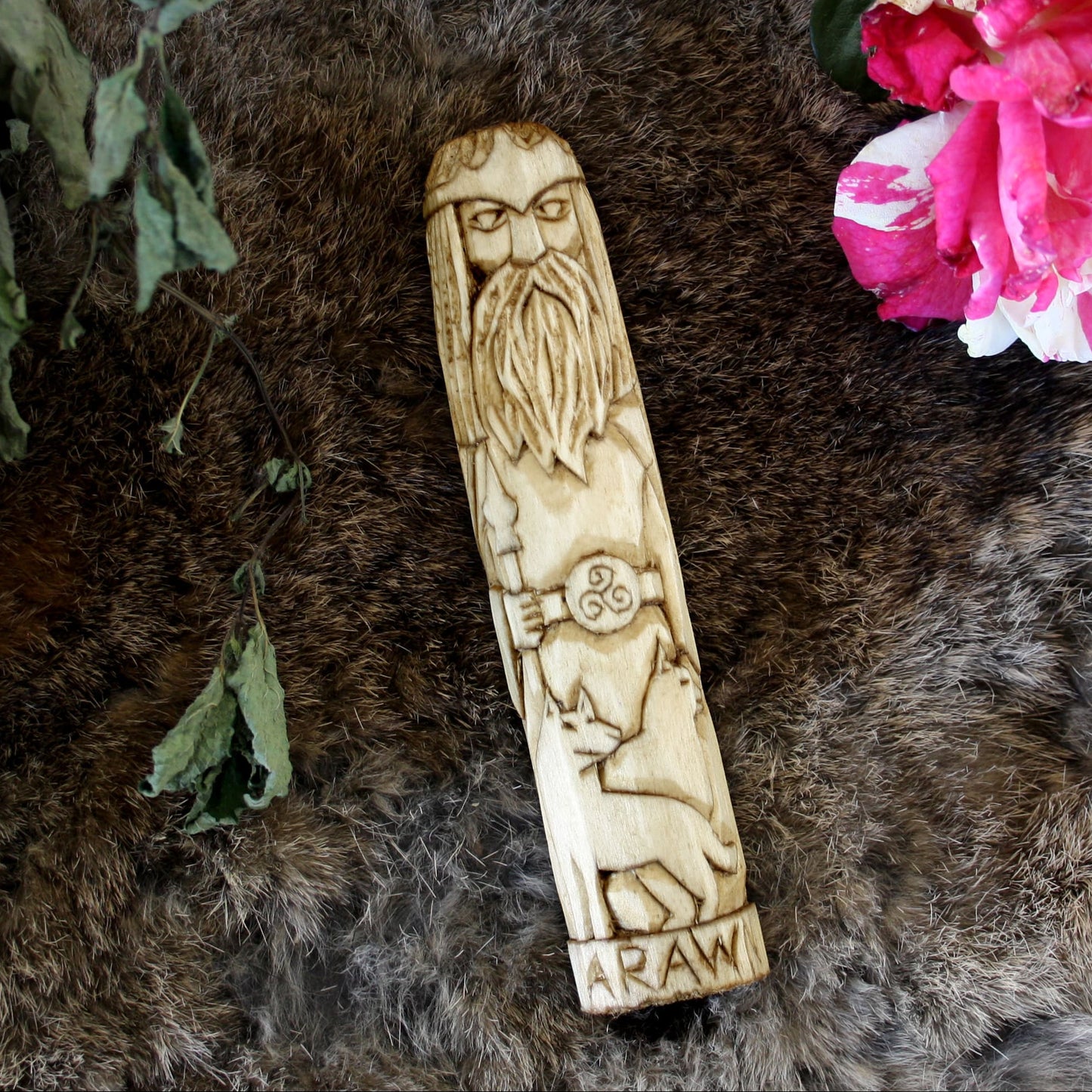Arawn Celtic king of the Otherworld 15cm wooden statue in natural setting