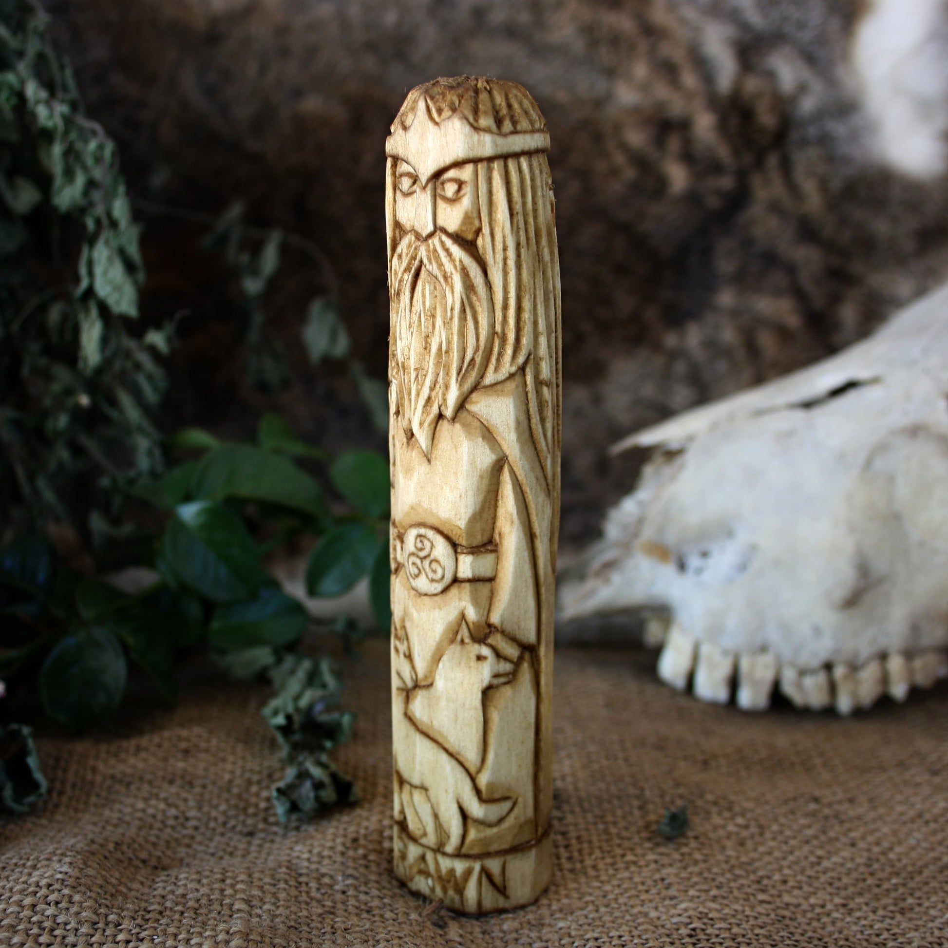 Arawn Celtic king of Annwn 15cm wooden statue opposite side view