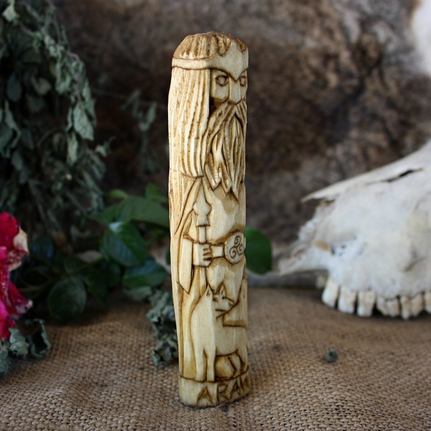 Arawn Celtic king of Annwn 15cm hand-carved wooden statue side view