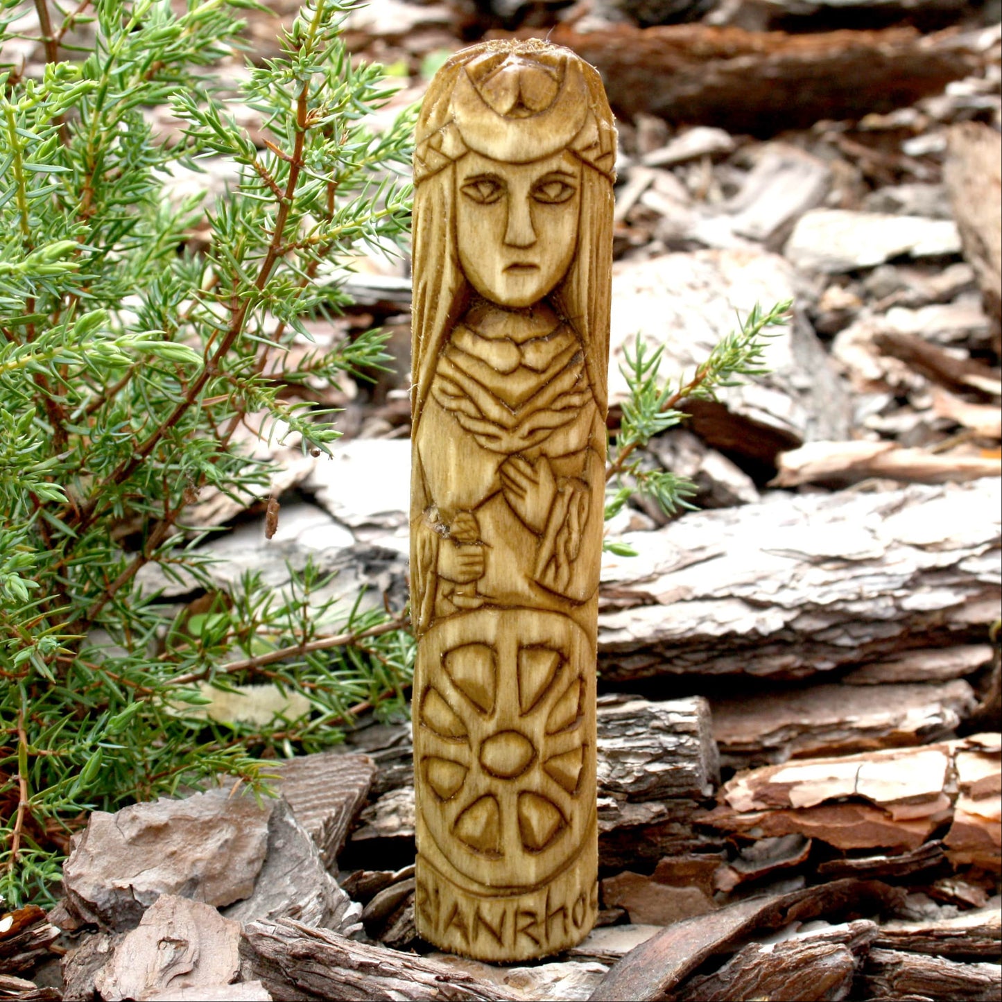 Arianrhod Celtic goddess of moon and stars 15cm hand-carved wooden statue front view