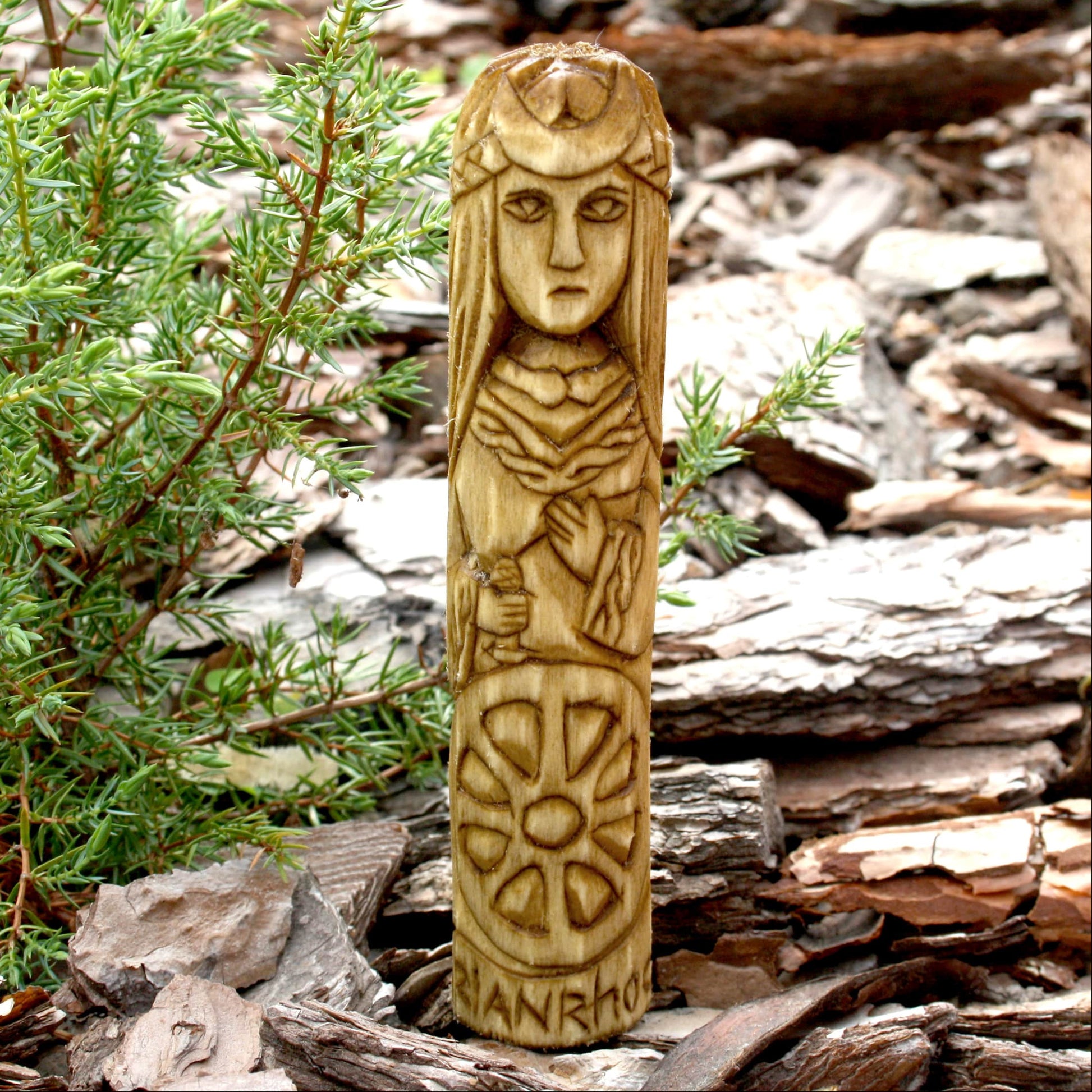 Arianrhod Celtic goddess of moon and stars 15cm hand-carved wooden statue front view
