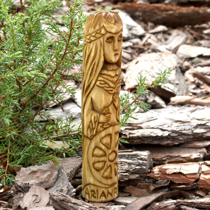 Arianrhod Celtic goddess of moon and stars 15cm hand-carved wooden statue side view