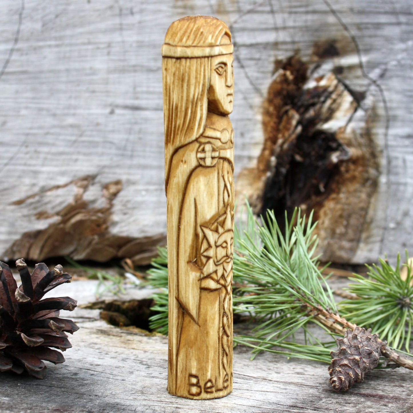 Belenus Celtic god 15cm wooden statue side detail