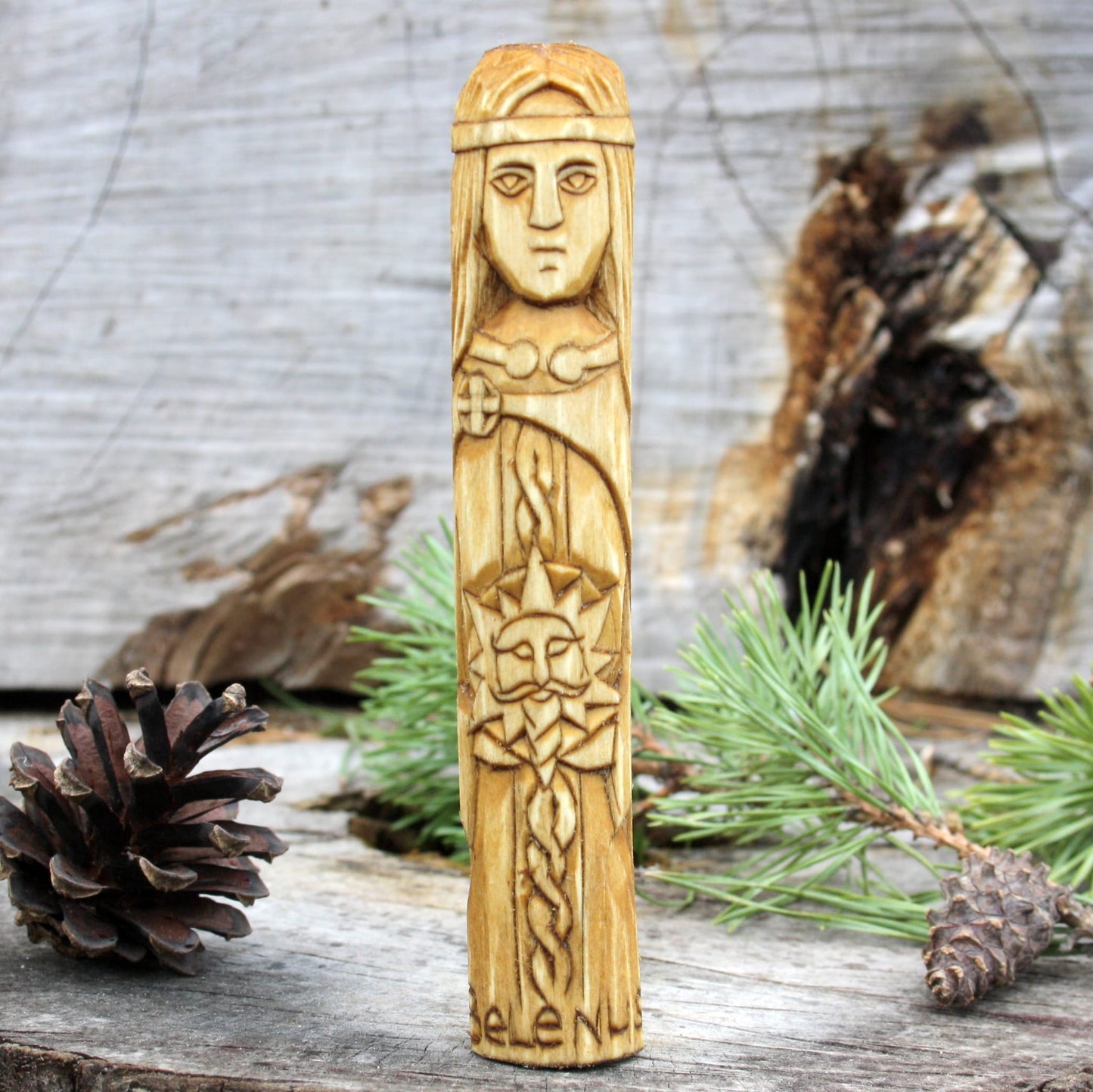 Belenus Celtic god of light and healing 15cm hand-carved wooden statue front view