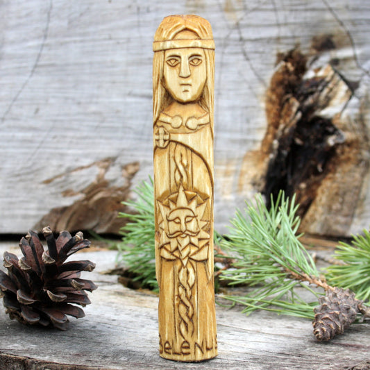 Belenus Celtic god of light and healing 15cm hand-carved wooden statue front view