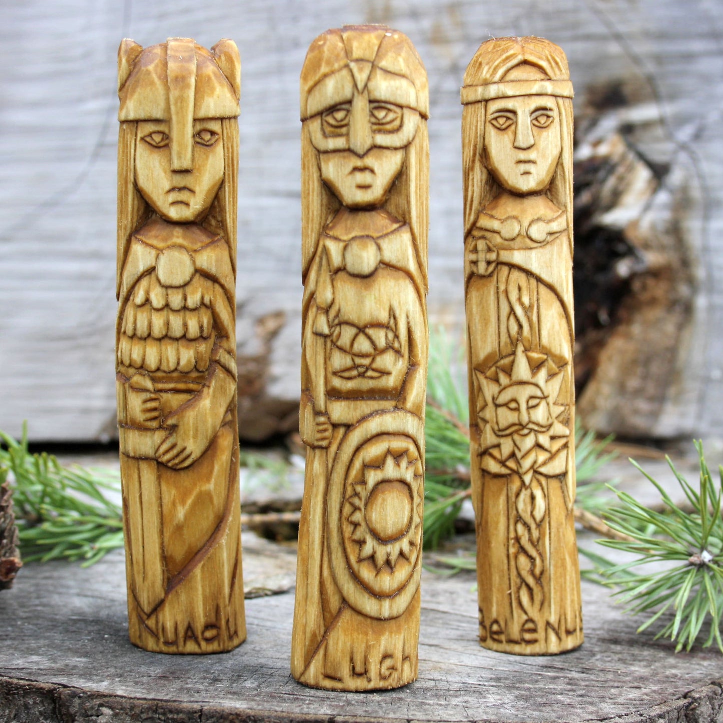 Belenus with other 15cm Celtic gods hand-carved wooden statues