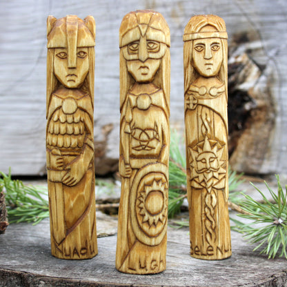 Belenus with other 15cm Celtic gods hand-carved wooden statues