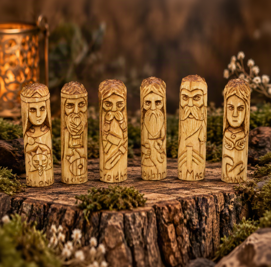 Set of six 10 cm hand-carved Celtic wooden figures featuring Belenus, Manannan mac Lir, Boann, Goibhniu, Creidne and Luchtaine