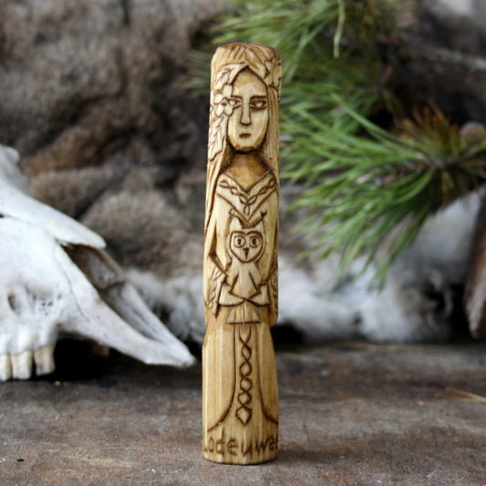 Blodeuwedd Celtic goddess of flowers and transformation 15cm hand-carved wooden statue front view