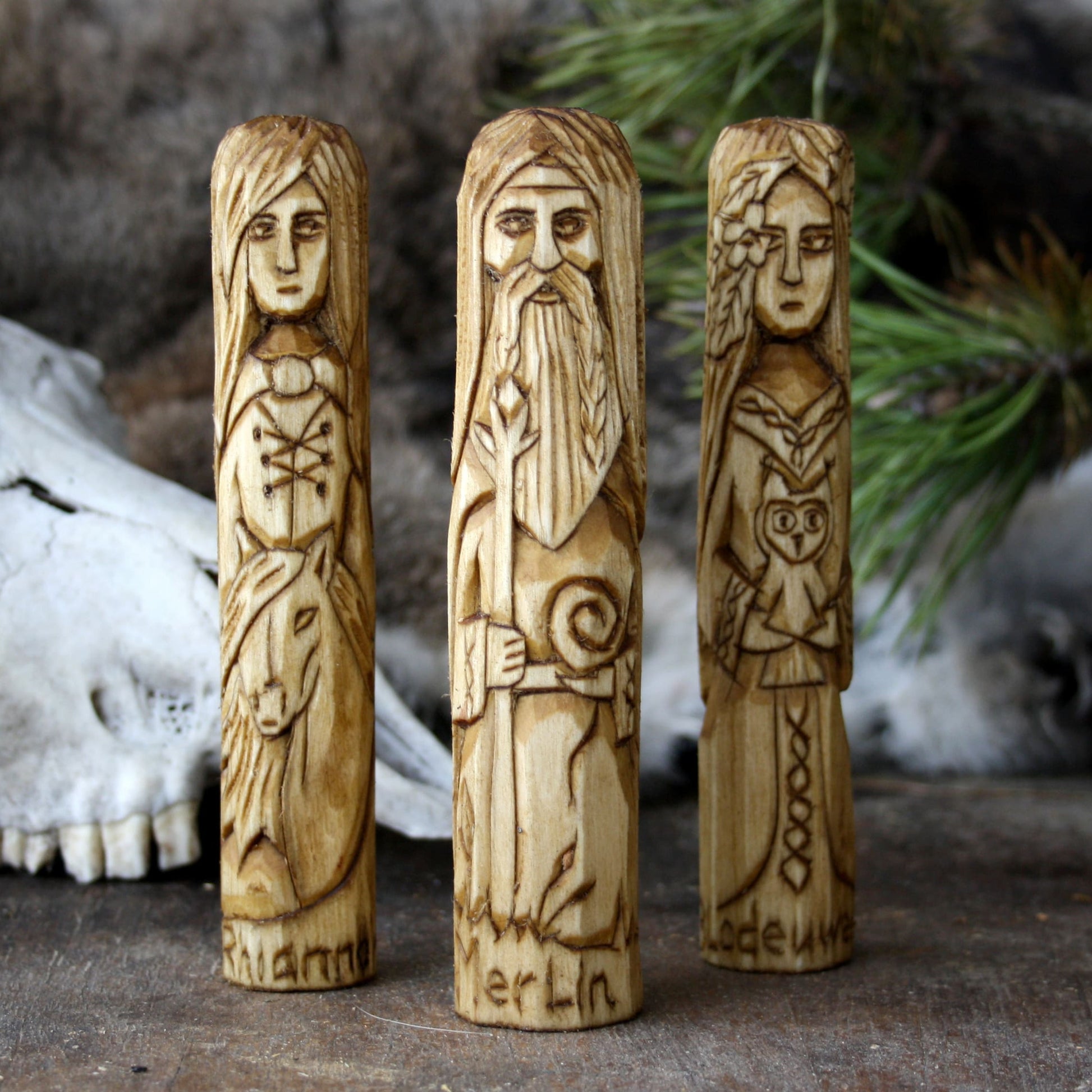 Blodeuwedd with other 15cm Celtic gods and goddesses hand-carved wooden statues