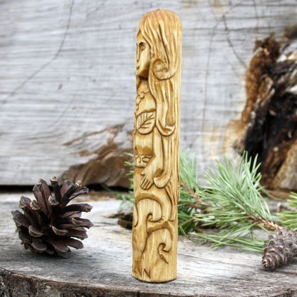 Boann Celtic goddess of the river 15cm hand-carved wooden statue side view