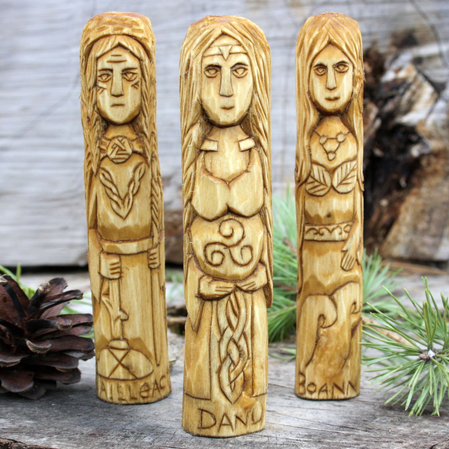 Boann with other 15cm Celtic gods and goddesses hand-carved wooden statues