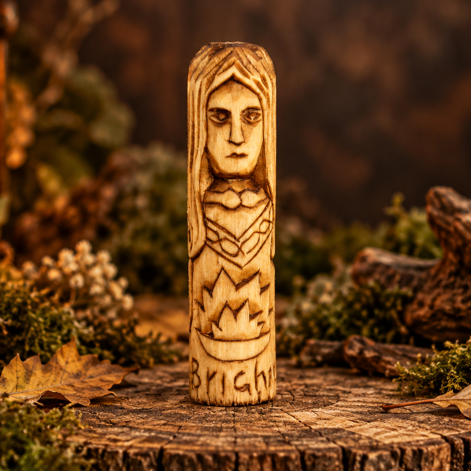 10 cm wooden Brighid goddess figurine with flowing hair and carved decorative details