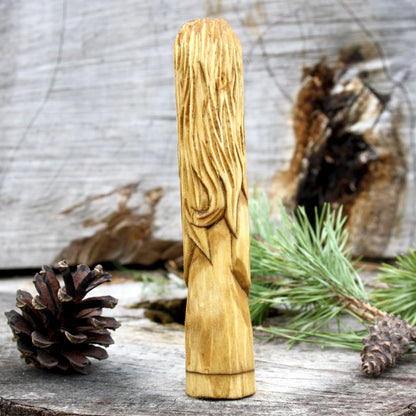 Brighit Celtic goddess of healing and fire 15cm hand-carved wooden statue back view
