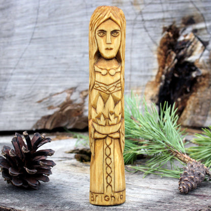 Brighit Celtic goddess of healing and fire 15cm hand-carved wooden statue front view