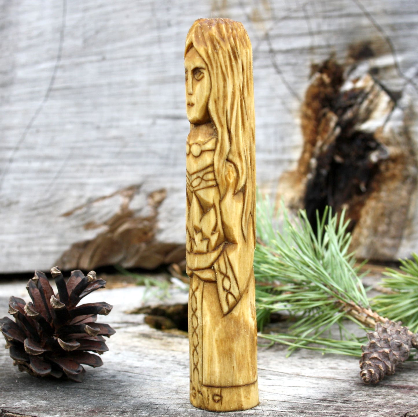 Brighit Celtic goddess of healing and fire 15cm hand-carved wooden statue side view