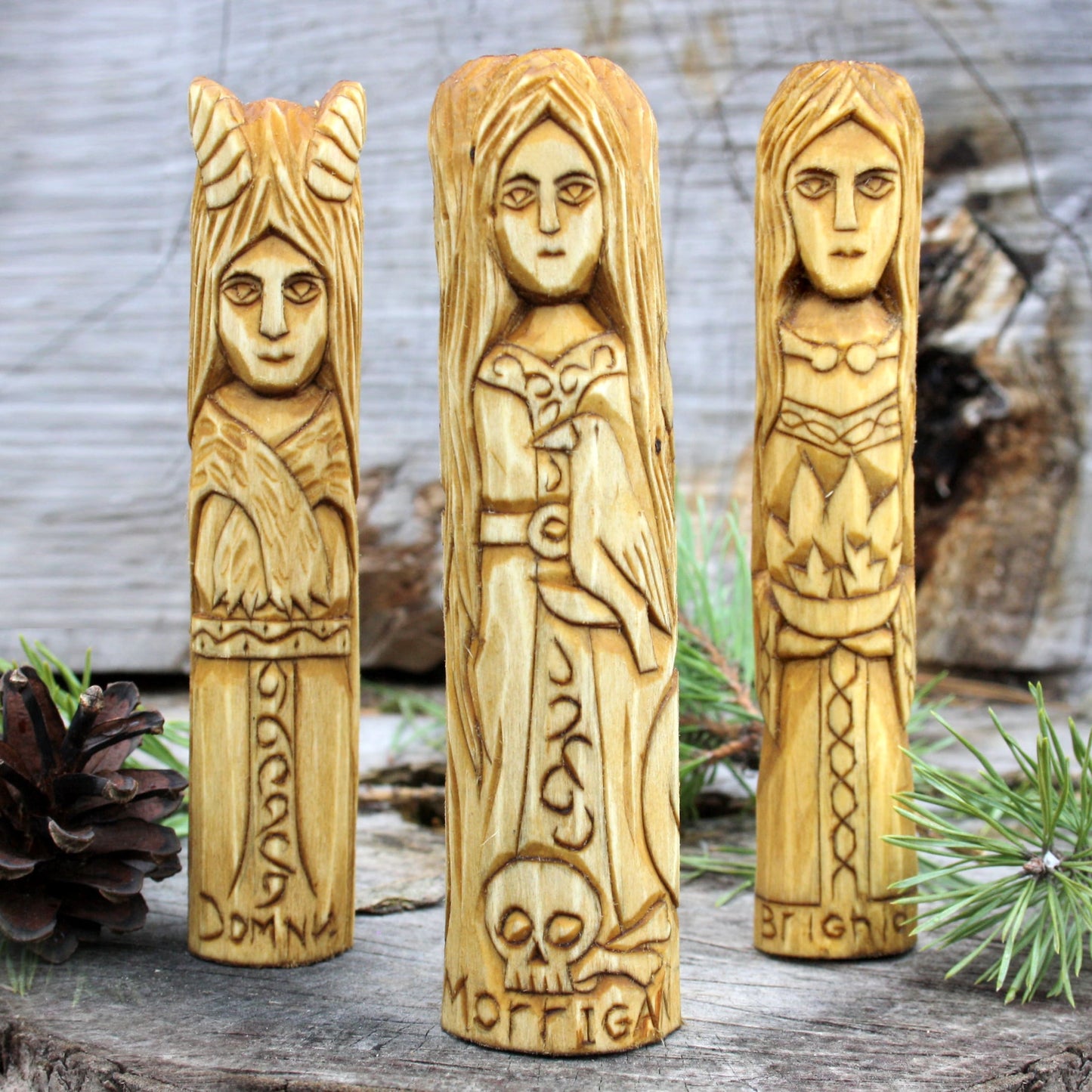 Brighit with other 15cm Celtic gods and goddesses hand-carved wooden statues