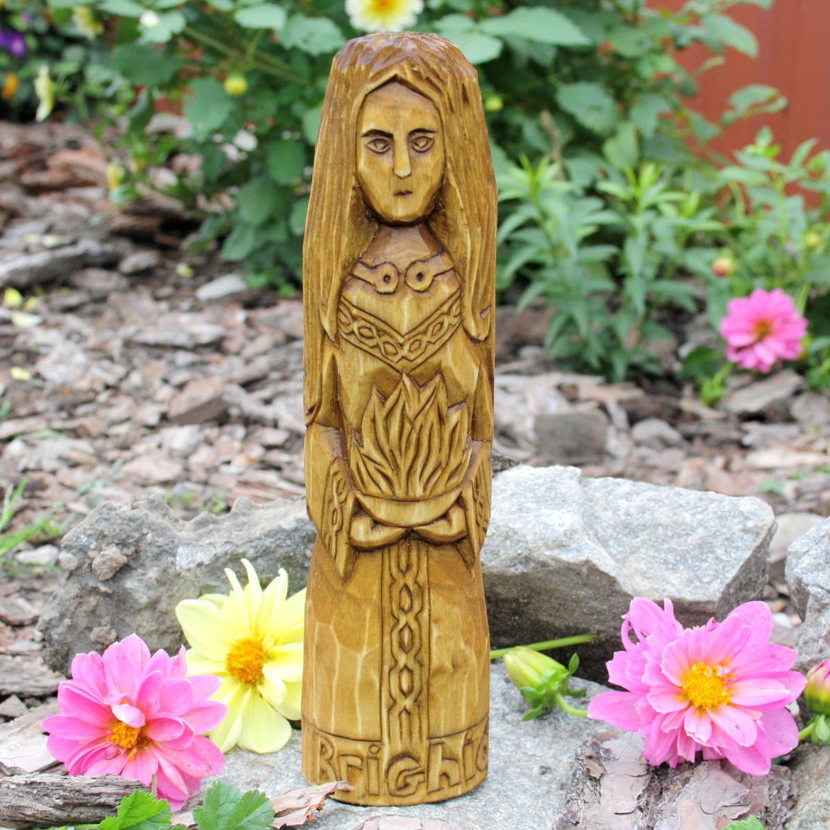 25 cm hand-carved Brigid wooden statue with long hair and detailed Celtic-style ornaments