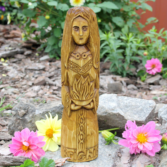25 cm hand-carved Brigid wooden statue with long hair and detailed Celtic-style ornaments