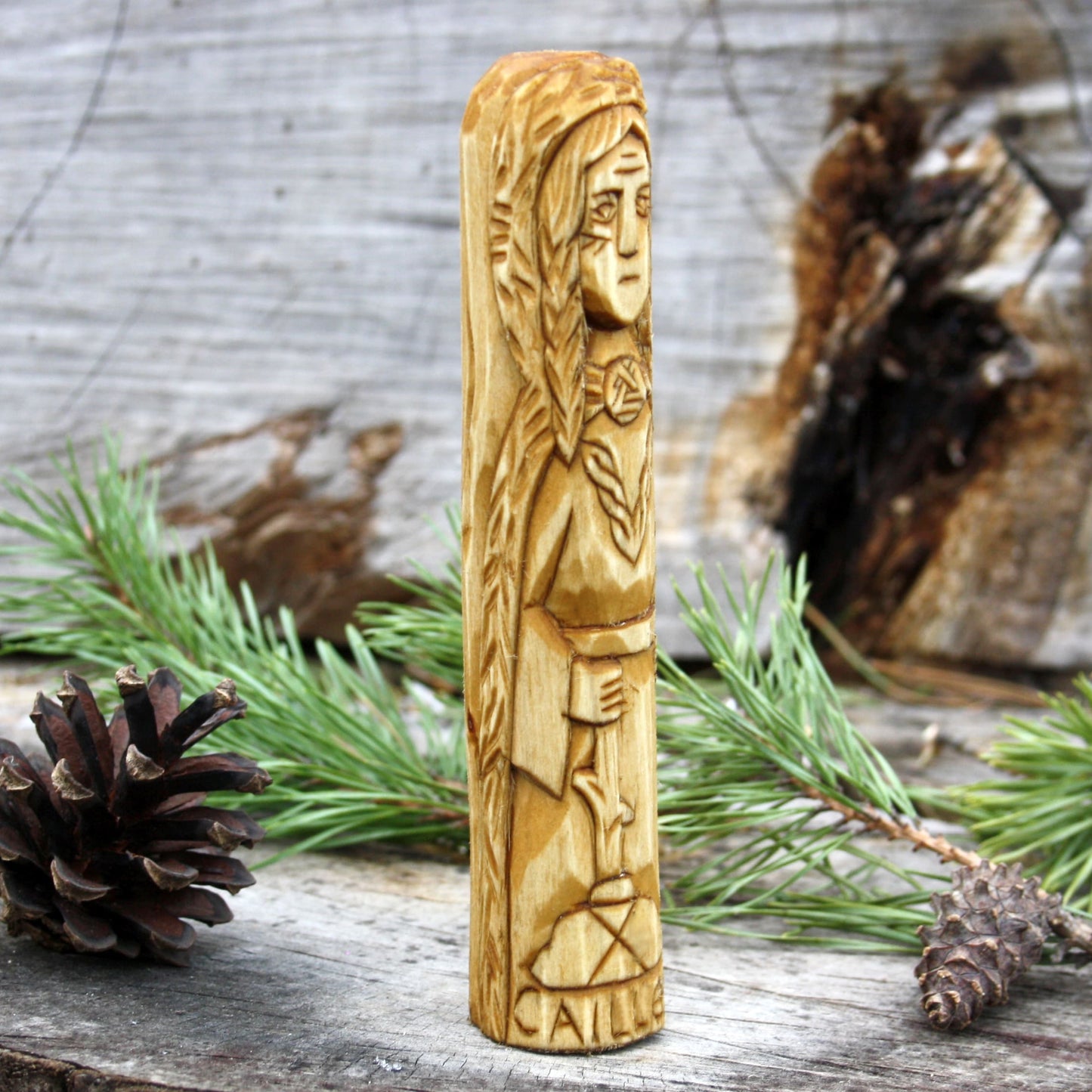 Cailleach Celtic goddess of winter 15cm hand-carved wooden statue side view
