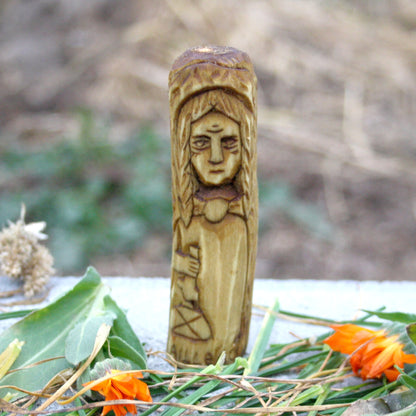 Hand-carved wooden Cailleach figure representing the powerful figure of Gaelic tradition