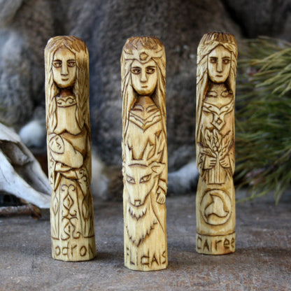 Caireen with other 15cm Celtic gods and goddesses hand-carved wooden statues