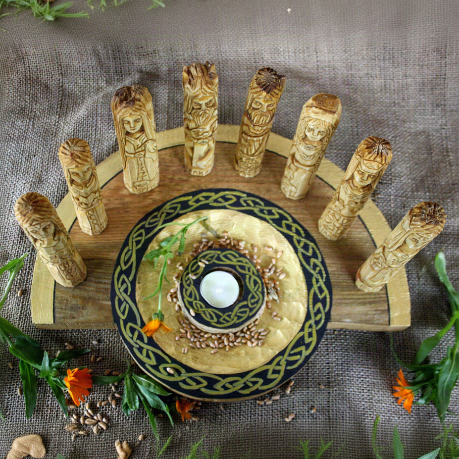 Celtic altar set with 8 wooden deity figurines top view