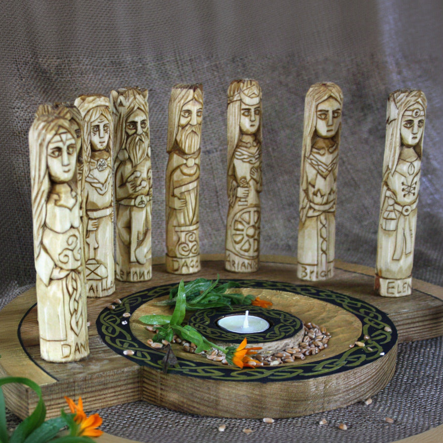 Celtic altar with 8 hand-carved wooden gods and goddesses side vie