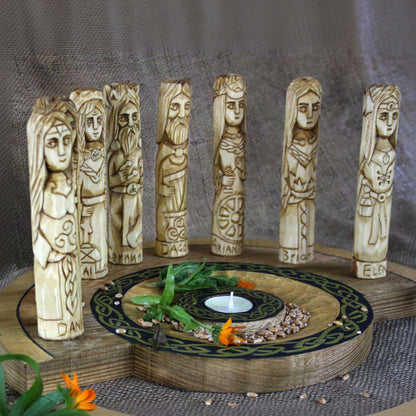 Celtic altar with 8 hand-carved wooden gods and goddesses side vie