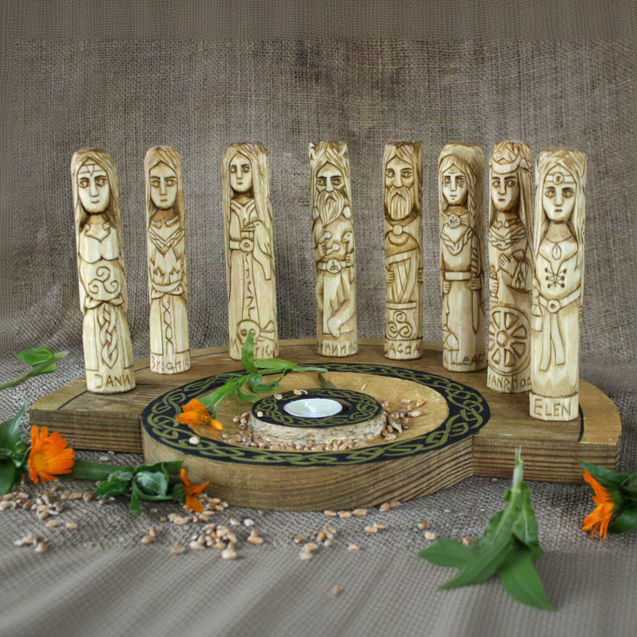 Celtic gods and goddesses wooden altar set back view
