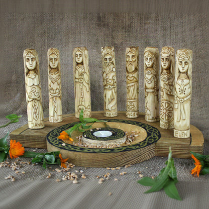 Celtic gods and goddesses wooden altar set back view